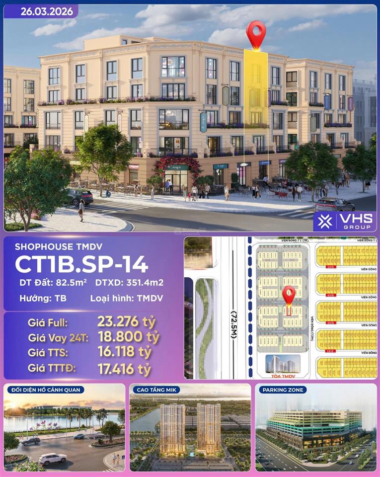 Bán căn shophouse vinhomes cổ loa siêu vip  dòng tiền cực khủng  mt 6m  dtxd 351m²