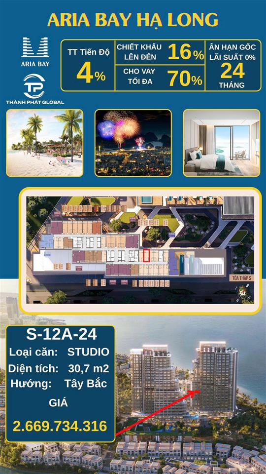 Quỹ ngoại giao dự án aria bay hạ long  tặng gói nội thất 500 triệu + chiết khấu 18 %  có đông nam