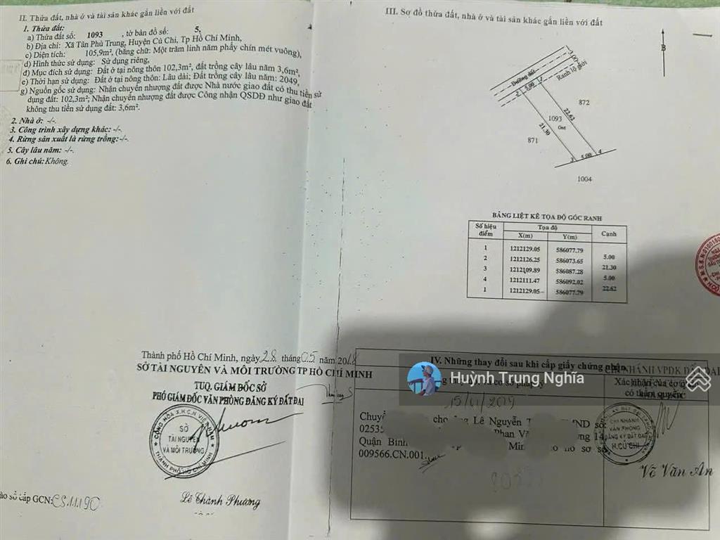 Bán gấp miếng đất dt 5x22m giá 1 tỷ 350 đường nguyễn thị lắng xã tân phú trung huyện củ chi