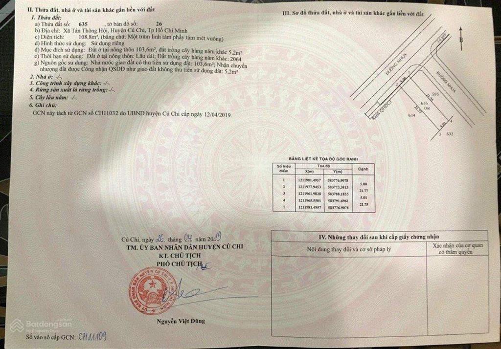 Cần bán siêu phẩm 109m2 nằm ngay 1 sẹc suối lội , tân thông hội, củ chi . giá 1 tỷ 6, sổ hồng riêng