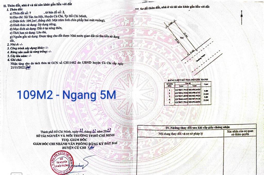 Cần bán nhanh lô đất 109m2 sát bên bệnh viện củ chi, sổ hồng riêng