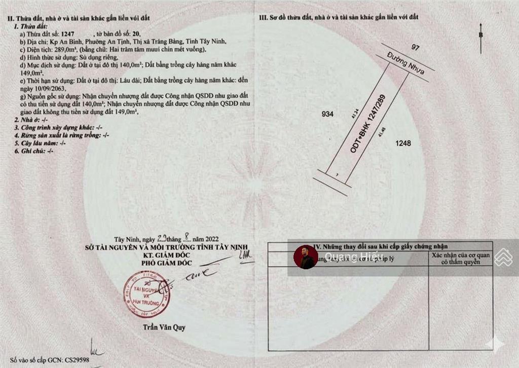 Bán đất 289m² (đất thổ cư) đ. đặng văn trước p. an tịnh gần kcn trảng bàng, giá 950 triệu, shr