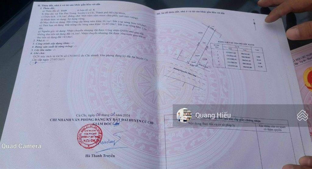 Chính chủ bán lô đất 160m2 thổ cư đ. nguyễn thị lắng xã tân phú trung củ chi, giá 1 tỷ, sổ riêng