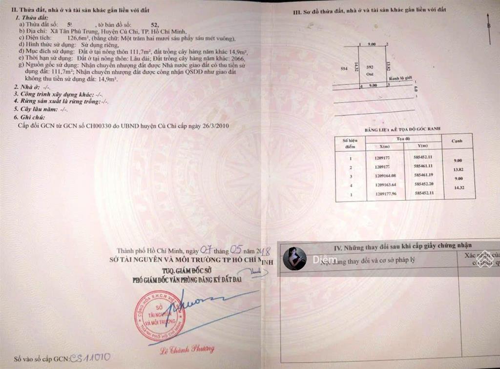 Chủ kẹt tiền bán nhanh lô đất 126m2 giá 850 triệu, đ. hồ văn tắng  tân phú trung, sổ hồng riêng
