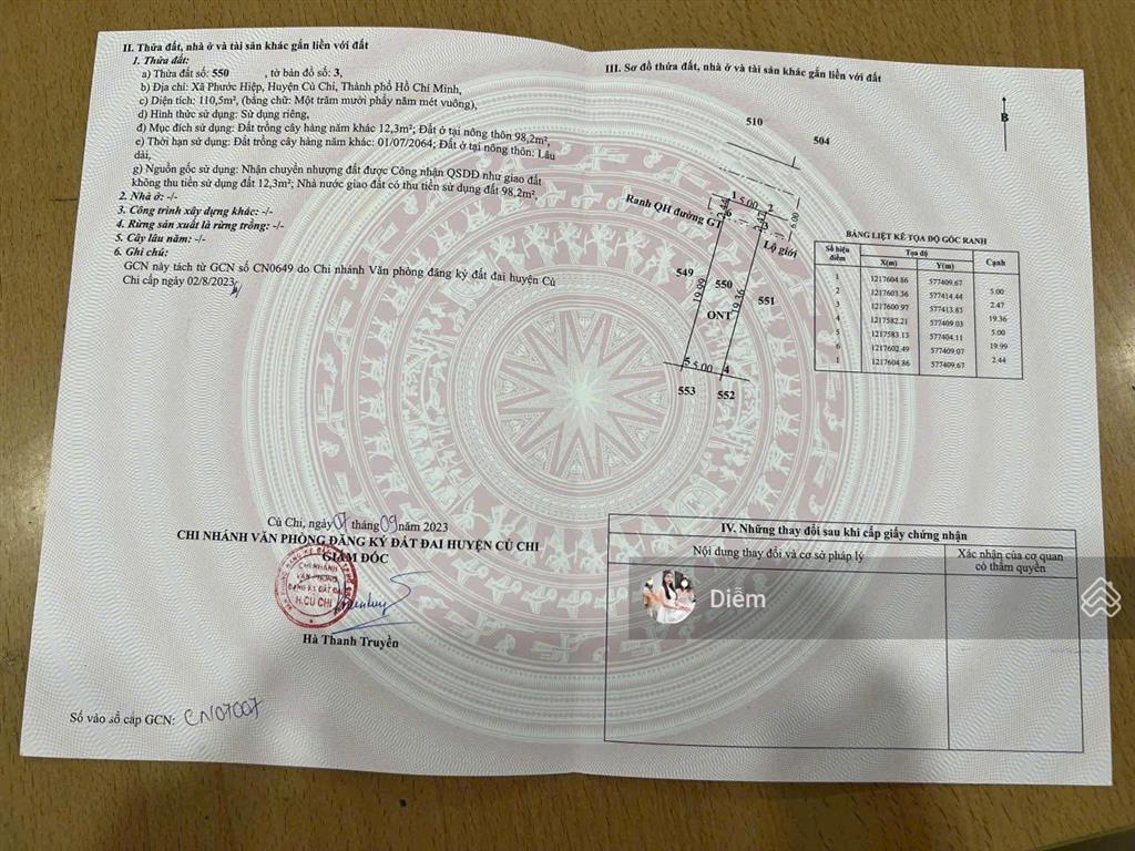 Cần bán lô đất đ.ba sa  phước hiệp, dt 110m2 giá 1 tỷ, sổ hồng riêng, dân cư xung quanh hiện hữu