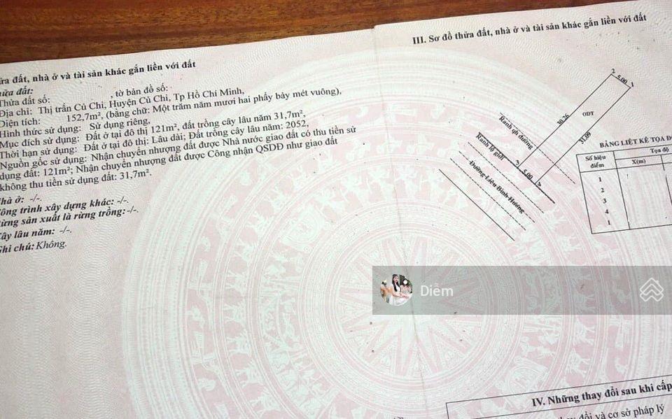 Duy nhất 1 lô đất nằm ở đ. liêu bình hương  thị trấn củ chi. dt 152m2 giá 1,1 tỷ. sổ hồng riêng