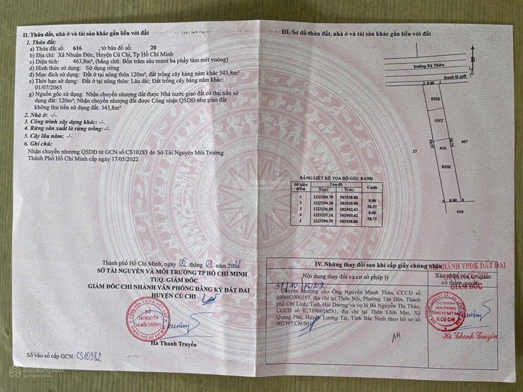 Bán đất mặt tiền xã nhuận đức củ chi 8x60 460m giá 3.5 tỷ