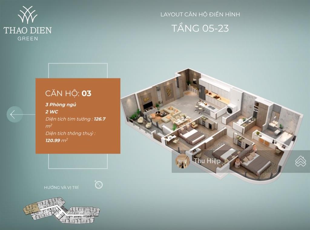 Cho thuê thảo điền green, 3 phòng ngủ, 126.7m2, view sông, ntcb, giá 63 triệu all in