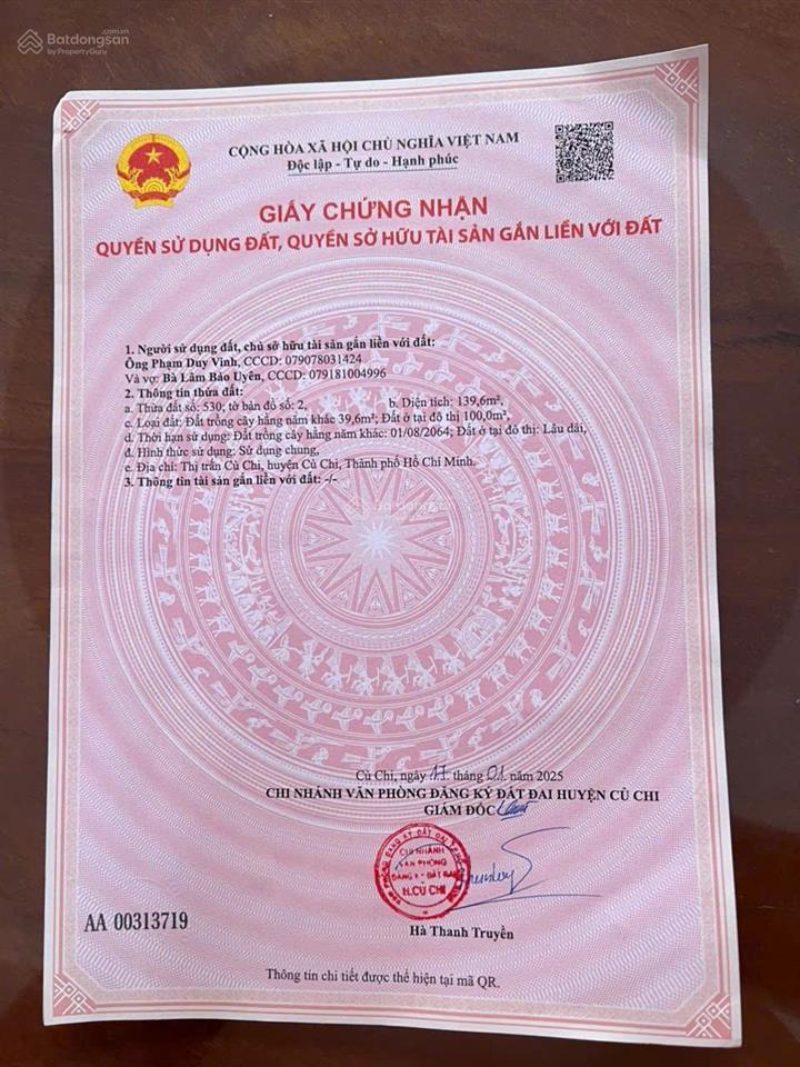 Đất thổ cư thị trấn củ chi đường phạm văn chèo 139m2 sổ hồng riêng giá 835tr gần chợ nguyễn văn khạ