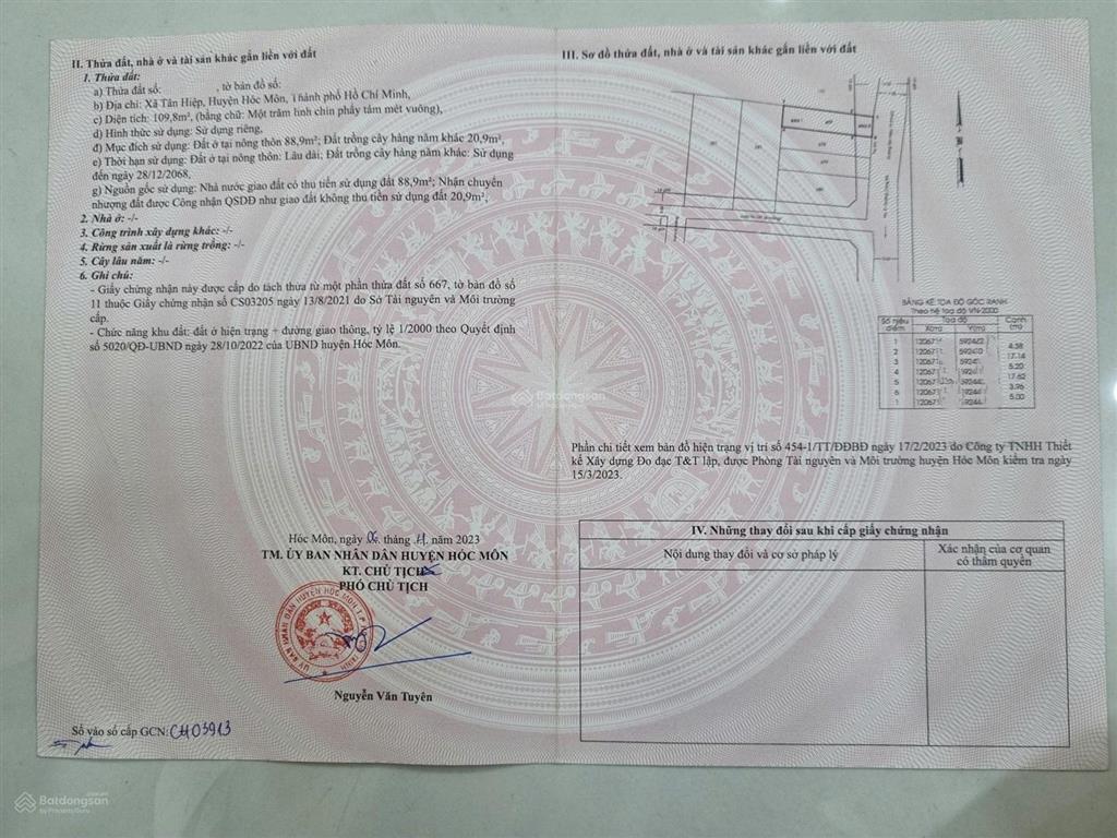 Bán đất tân hiệp hóc môn hẻm oto 5x21 tổng 109m2 sổ riêng giá 1 tỷ 3 cách song hàng 500m