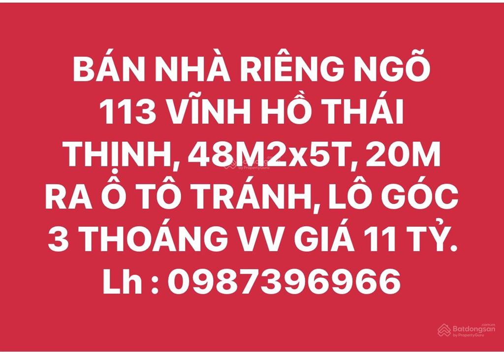 Bán nhà riêng ngõ 113 vĩnh hồ thái thịnh, 48m2x5t, 20m ra ô tô tránh, lô góc 3 thoáng vv giá 11 tỷ.