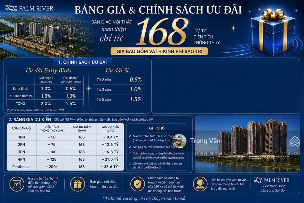 Dự án mới palm river quận 2  chỉ 168 triệu/m² đã vat và pbt  thanh toán theo tiến độ đến q1/2029