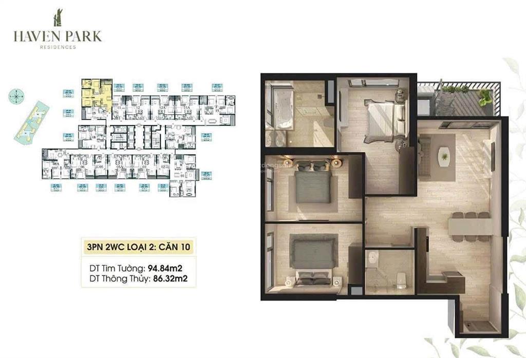 Bán căn 3 ngủ haven park 87m2 full đồ giá 6,5 tỷ bao phí.  0925 988 ***