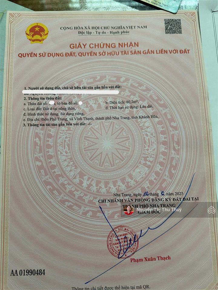 Bán đất phú trung, vĩnh thạnh, tây nha trang, gần đường 23/10