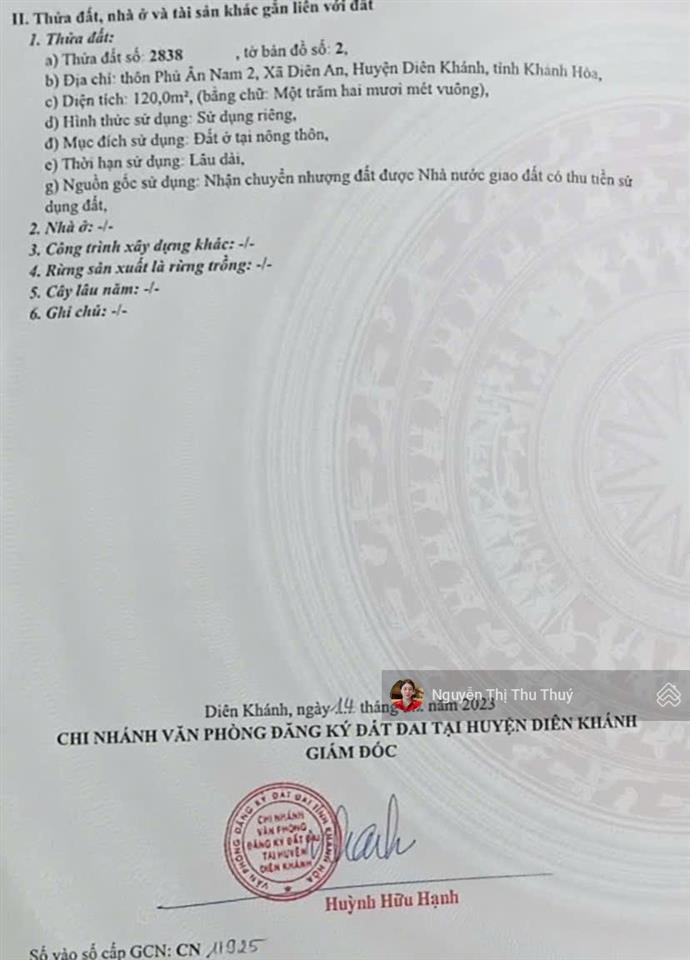 Lô đất đường nhựa rộng 13m  tại kdc phú ân nam 2 (diên an cũ), xã diên khánh