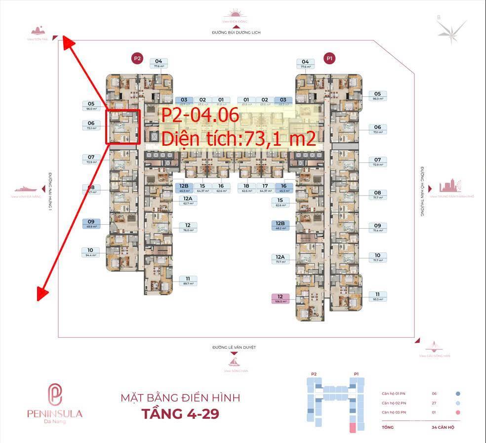 Chỉ 61tr/m2 view vịnh biển sông hàn 73m² có hỗ trợ vay 70% ân hạn gốc lãi 0% dự án peninsula đn