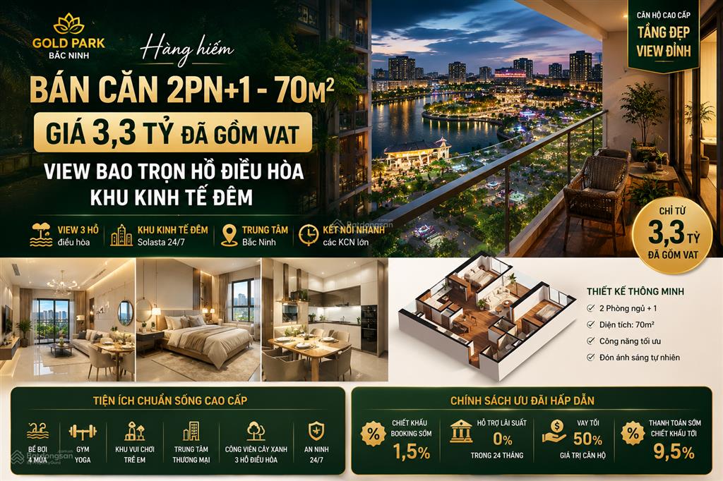 Hot căn 2pn+1 diện tích 70m2 giá 3,3 tỷ đã gồm vat, view bao trọn hồ điều hòa, khu kinh tế đêm