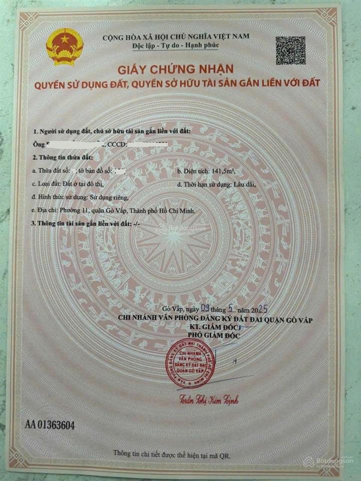 Bán khuôn đất xây chdv hẻm 1 sẹc quang trung, p11, dt 142m2 giá chỉ 9tỷ5 còn bớt.  0902 958 ***