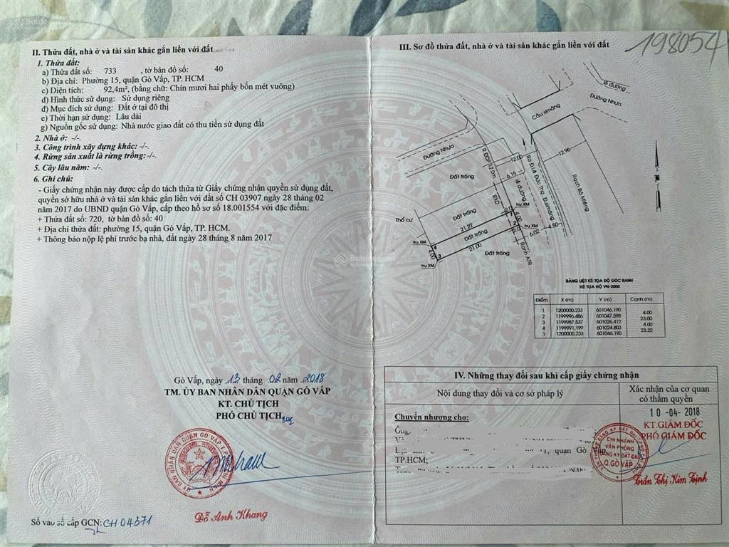 Bán lô đất đường 10m đối diện khu biệt thự an lộc, lê đức gò vấp 4x23m không lg 8tỷ9.  0902 958 ***