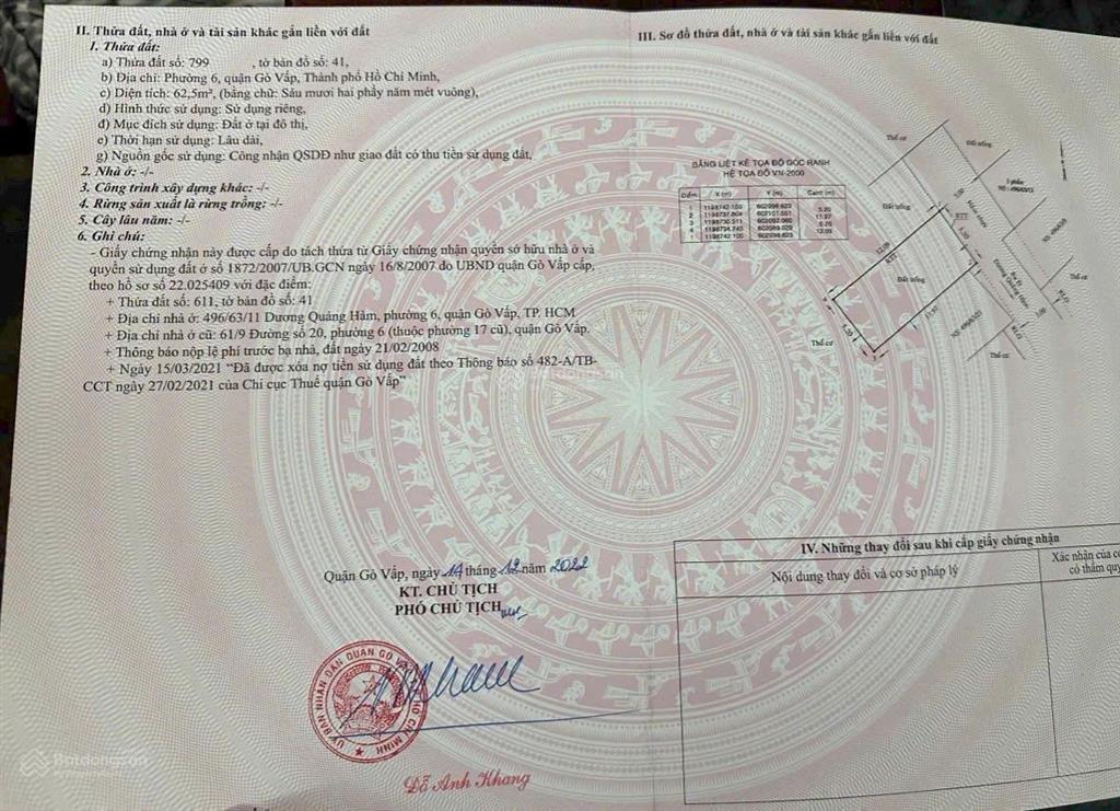 Chính chủ bán lô đất đường dương quảng hàm p6, gần bờ kè tham lương và công viên gò vấp.giá 6ti850