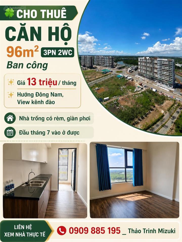 Cho thuê căn 3pn 2wc ban công đông nam, view kênh đào, nhà trống
