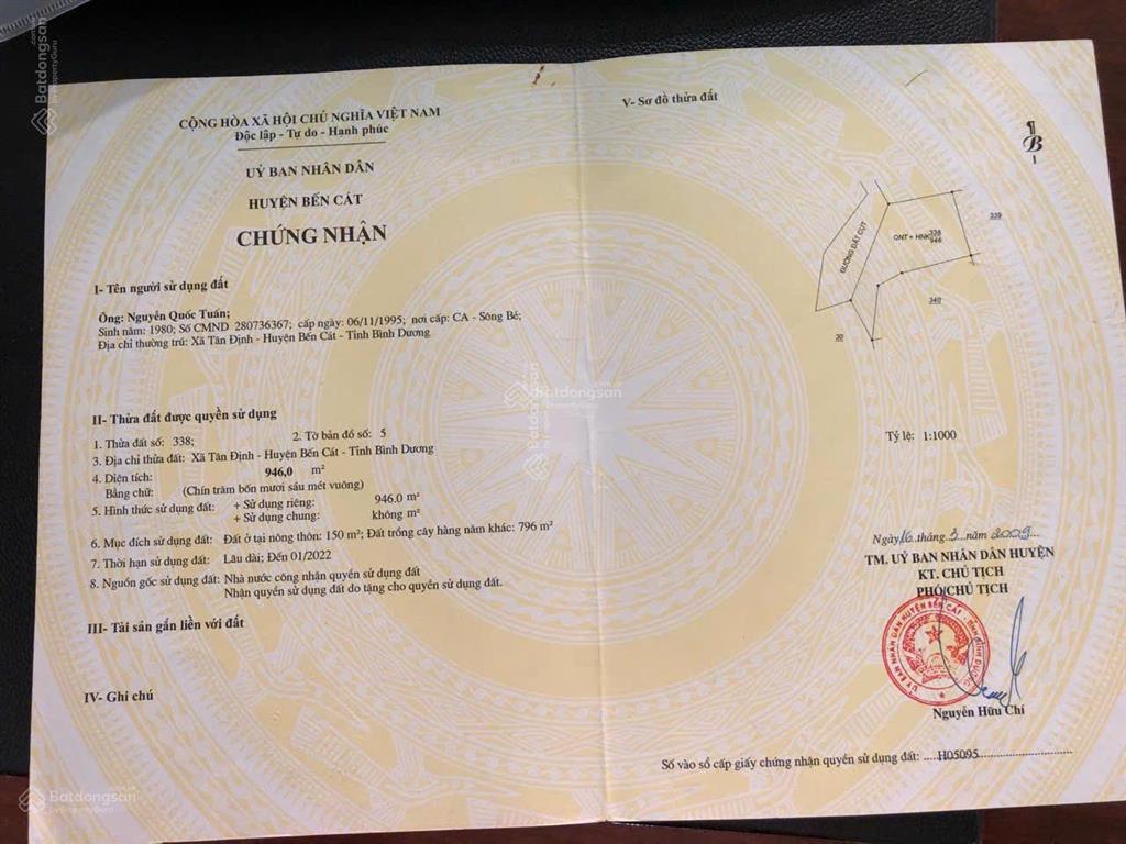 Bán gấp đất 3500m2 thổ cư 150m2, sẵn 2 căn nhà yến, tại tân định, bến cát, 11 tỷ có bớt