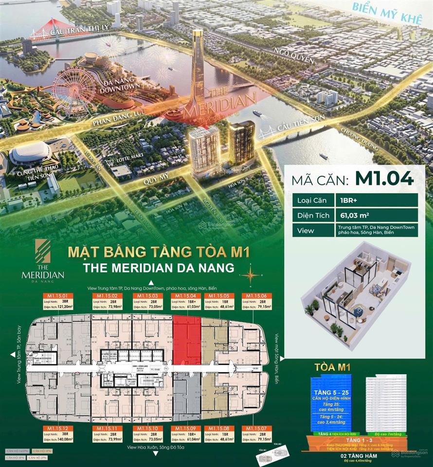 The meridian đà nẵng độc quyền căn hộ 1pn+ 61m2 tầng cao view pháo hoa, sông hàn giá tốt nhất dự án