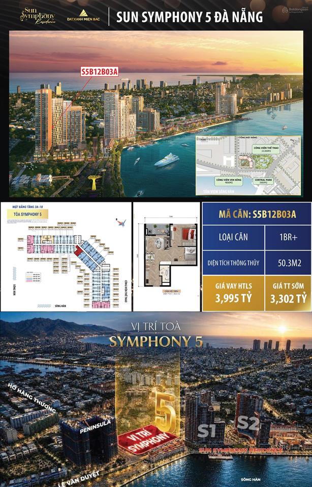 Hot nhất sun symphony 5 căn hộ 1pn+  tầng trung dt 50,3m2view trực diện sông hàn tts chỉ 3,254 tỷ
