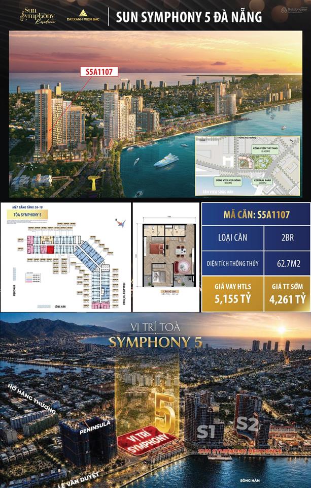 Căn hộ 2pn 62,7m2 view trực diện sông hàn  sun symphony 5 giá tts chỉ 4,26 tỷ cho thuê 35tr/tháng