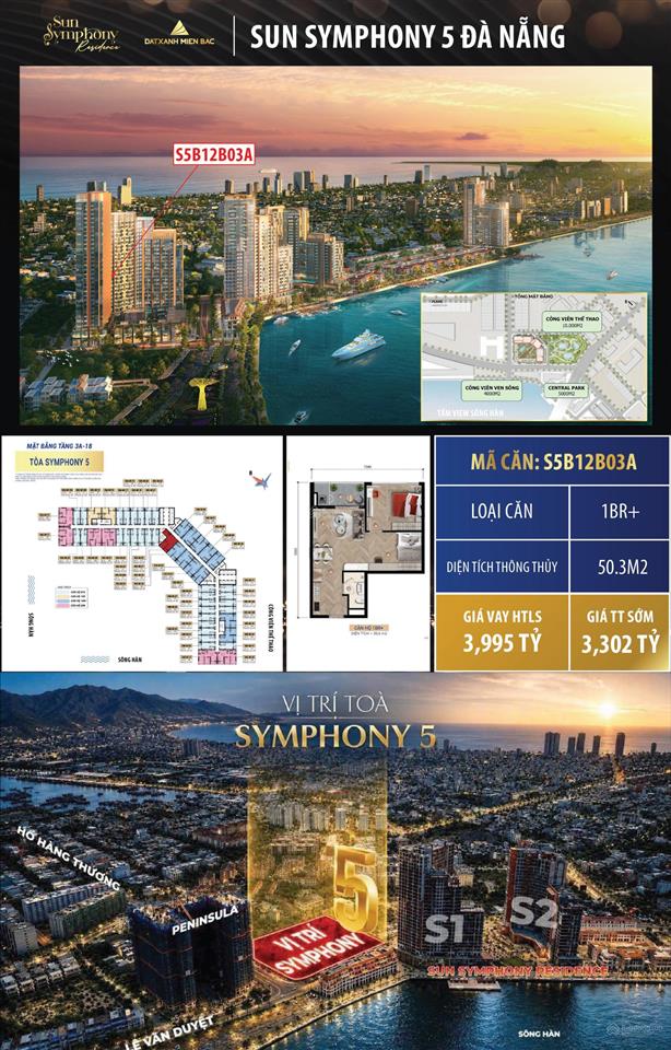 Hàng hiếm sun symphony 5 1pn+ 50,3m2 tầng trung  view trực diện sông hàn giá tts chỉ 3,3 tỷ