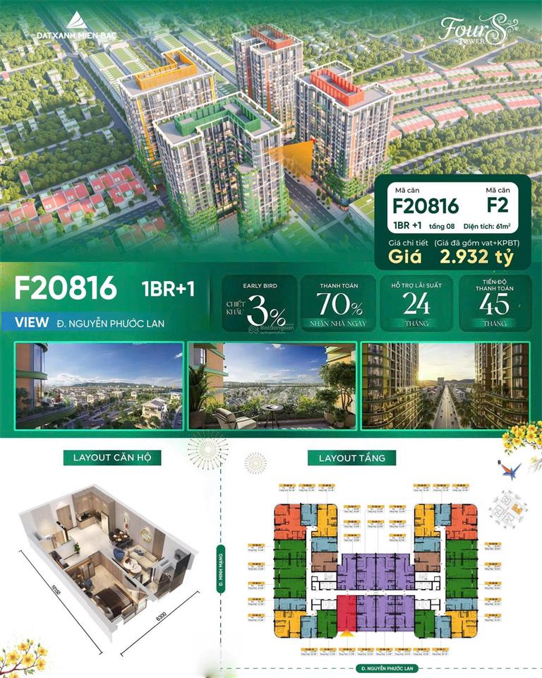 Căn 1pn+ giá tốt 61m chỉ 2,9 tỷ tòa f2 | sun four s tower đà nẵng   0943 444 ***