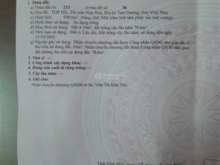 Chỉ 1,37 tỷ tl đất gần trung tâm hợp hoà, tam dương, vĩnh phúc 108,6m tdp đồi, tt hợp hoà, tam