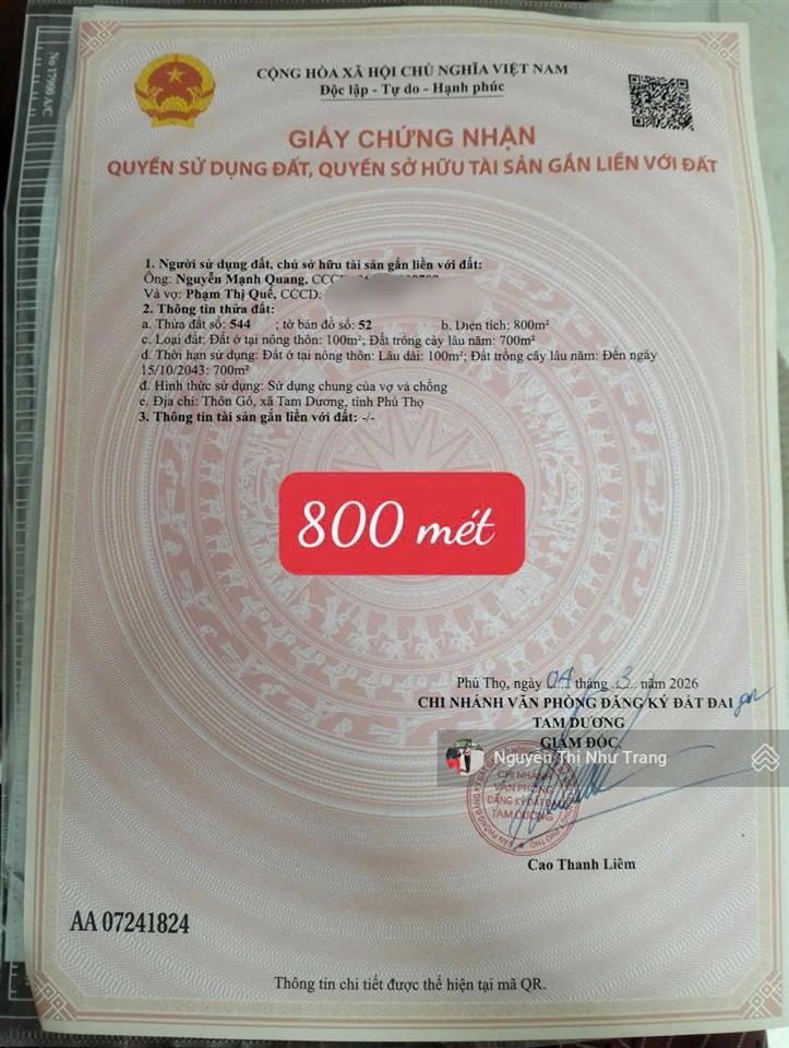 Siêu phẩm 800m gần tp vĩnh yên mặt tiền gần 19m cực hiếm! * diện tích 800m (100m thổ