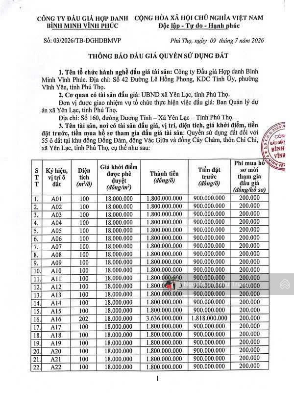 Cơ hội đầu tư f0  đấu giá chi chỉ, đồng cương, yên lạc, vĩnh phúc quy mô lô đất tiềm năng. điể