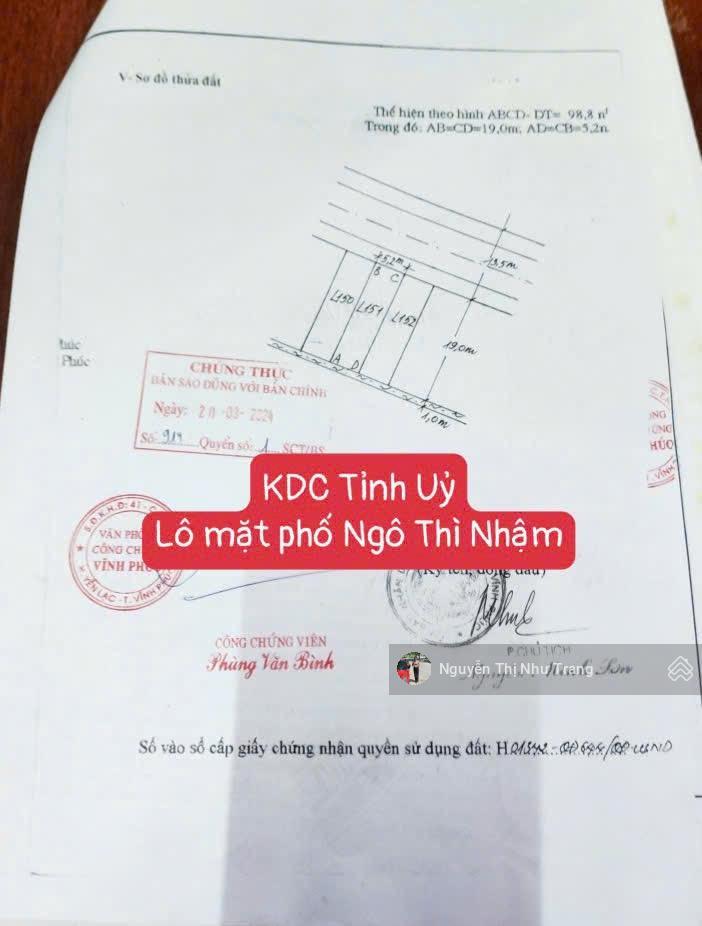 Đất trung tâm đường ngô thì nhậm, vĩnh yên, vĩnh phúc đối diện công viên, cách cổng đh gtvt 50m