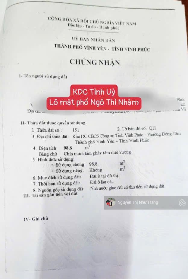Đất trung tâm đường ngô thì nhậm, vĩnh yên, vĩnh phúc đối diện công viên, cách cổng đh gtvt 50m