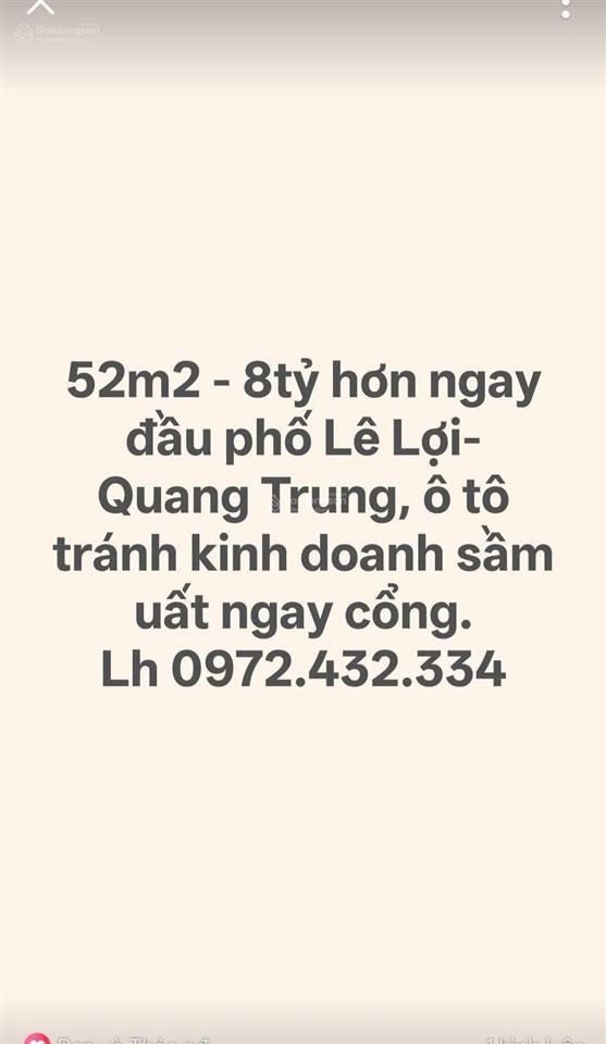 Bán đất phố huỳnh thúc kháng 52m2 8tỷ hơn, ô tô tránh ngay cổng, 20m ra mặt phố lê lợi, chợ hà đông