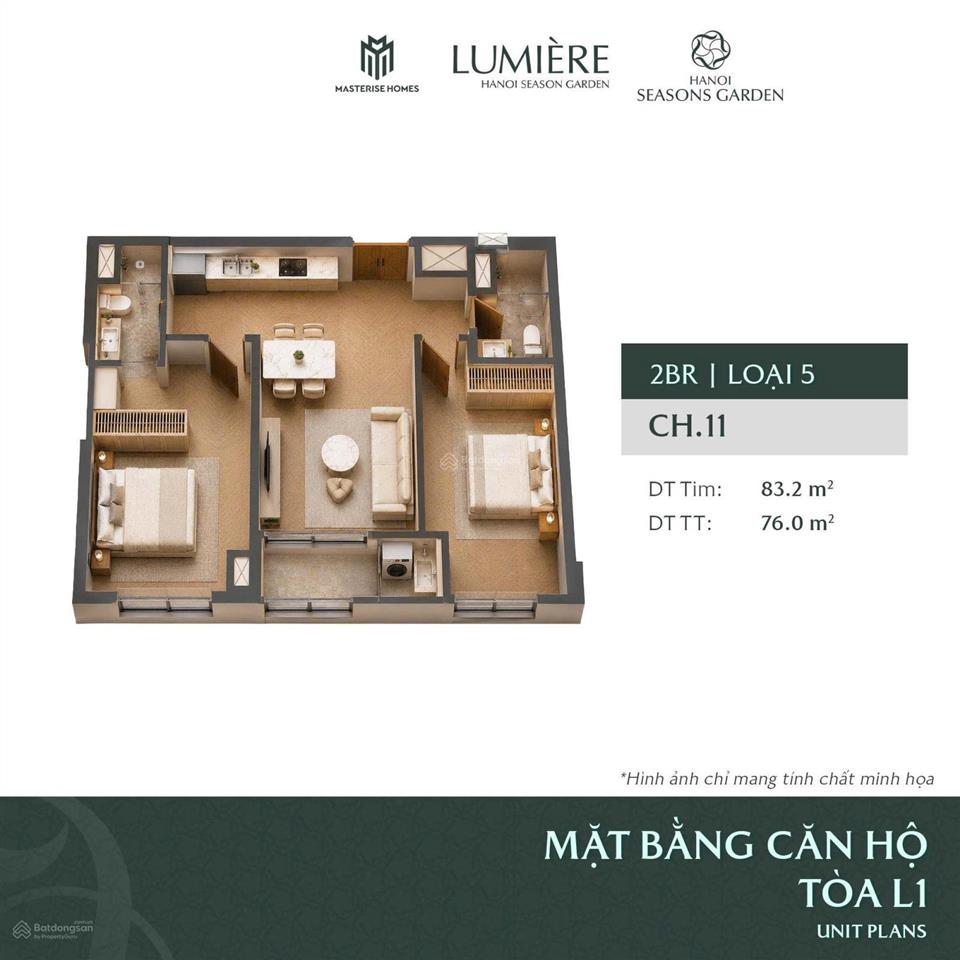 Bán ch 2 phòng ngủ masterise nguyễn trãi, hướng đn, view nội khu dt 75m², tầng đẹp, giá chỉ 9.7 tỷ