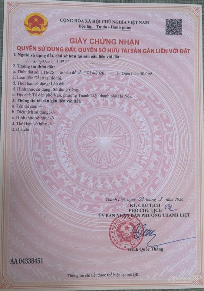 Bán đất tại khu tái định cư 50m2, đất sổ đỏ, tổ dân phố văn, phường thanh liệt, mua bán chính chủ