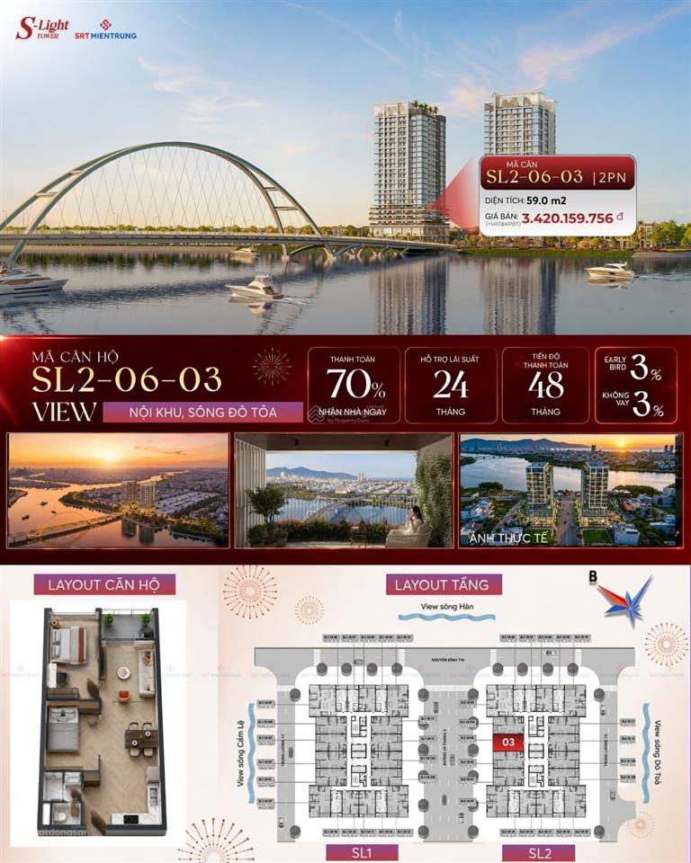 Chỉ ~48tr/m2 sở hữu ngay căn 2pn 59m2 tầm view sông, pháo hoa. giá full ck từ cđt,  0932 509 *** na