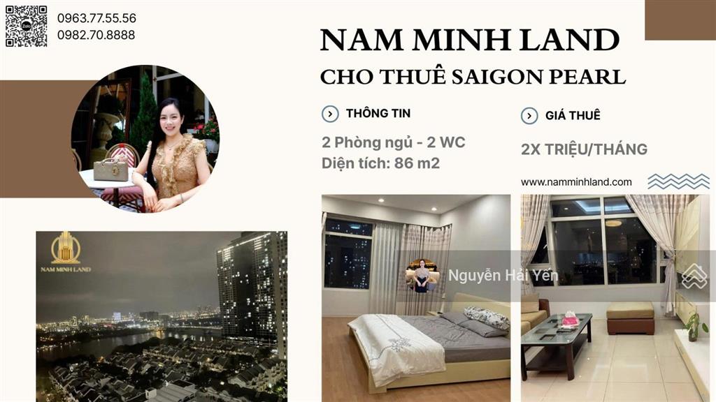 Hải yến nam minh land  cho thuê căn hộ saigon pearl 2 phòng ngủ 86m2, tầng trung, view sông