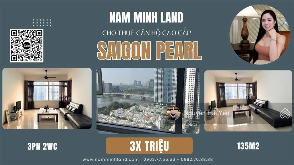 Hải yến nam minh land  cho thuê căn hộ saigon pearl 3pn 140m2, tầng cao, view trực diện sông đẹp