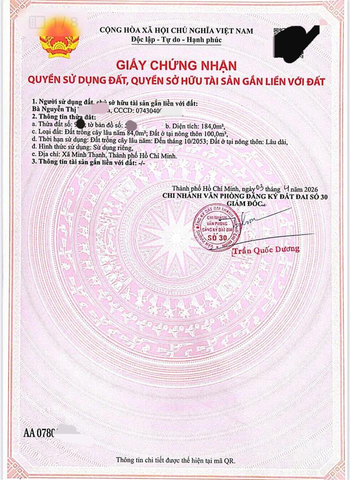 Bán đất tại đt 704, minh thạnh, dầu tiếng, 1,56 tỷ, 184 m2