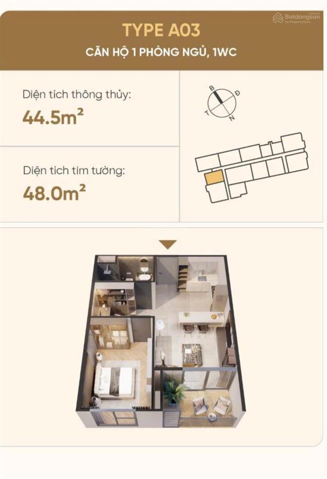Bán nhanh căn a03 1pn+ 48m2 tầng cao view thoáng không bị chắn  giá 2,77 tỷ đã vat bao phí