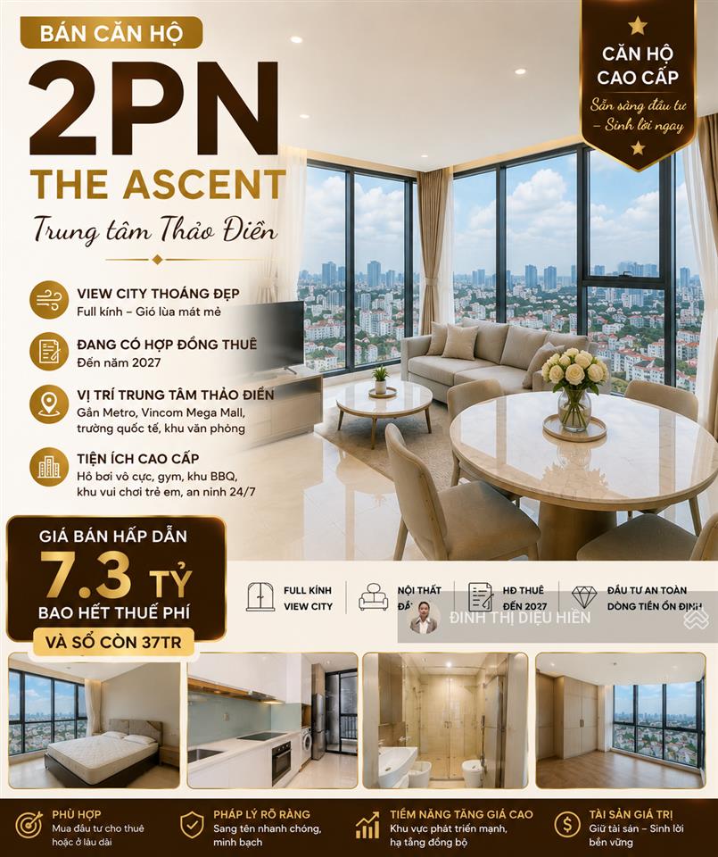 Hot deal thảo điền | 2pn the ascent | hđ thuê đến 2027 | 7.3 tỷ bao thuế phí