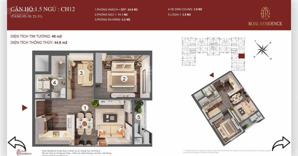 Bán căn 1,5 ngủ hoàng huy commerce  toà rose độc nhất vô nhị tầng cao