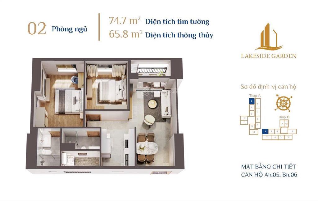 Hot! bán căn 2 ngủ, 2 wc dự án lakeside, siêu vip tầng đẹp, view ngắm pháo hoa toàn thành phố.