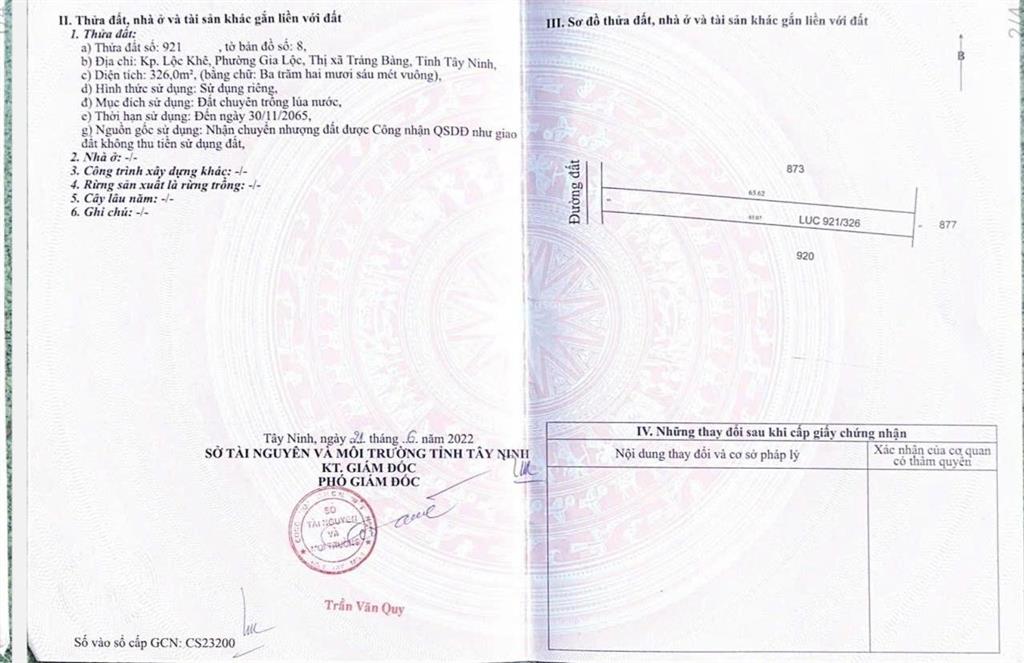 Bán đất tại xã gia lộc, trảng bàng, tây ninh, giá 450 triệu, diện tích 326m2