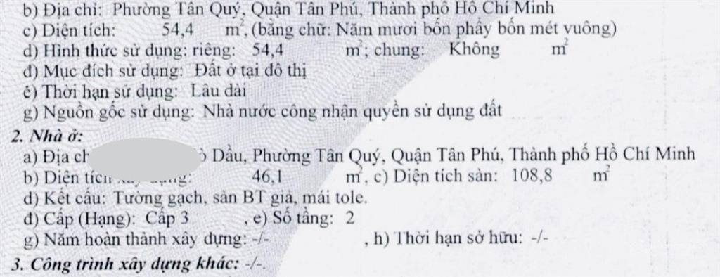 Hẻm ô tô 5m sát mặt tiền không quy hoạch, không lộ giới gò dầu tân quý tân phú