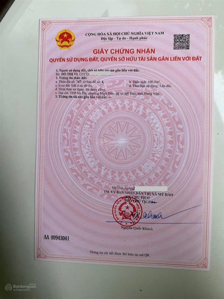 Hiếm bán lô đất 106m mặt đường kinh doanh tại sài phi, minh đức, mỹ hào, hưng yên